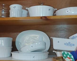Blue corn flour CorningWare and French white CorningWare