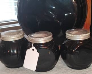 RARE SELLERS HOOSIER BLACK Amethyst Glass SUGAR JAR W/3 SPICE JARS ( unfortunately we could not find the top to the sugar canister) but we might this house is packed