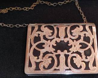 Antique Art Nouveau Floral Silver Card Case Leather Spring Load Wallet Purse