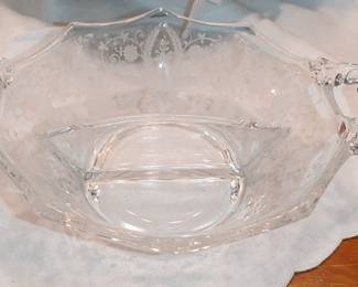 Vintage Cambridge Glass "Diane" Etched handled, divided bowl
