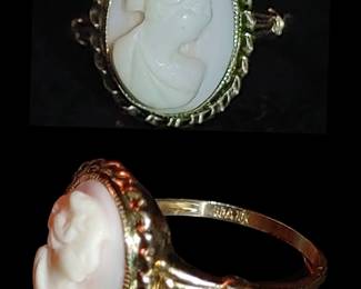 Antique Art Deco 10 KT Gold Hand Carved Shell Cameo Ring.  Beautiful Gold rope design around the cameo. This Cameo is exquisite and has a slight natural pink shell color.