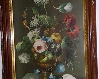 Antique lithograph floral still life in period frame