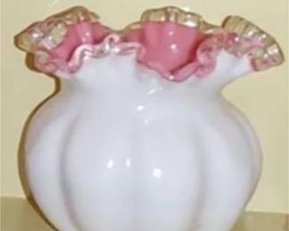 Vintage FENTON Pink Crest Melon Bowl Milk Glass Scalloped Crimped Ruffled Edge