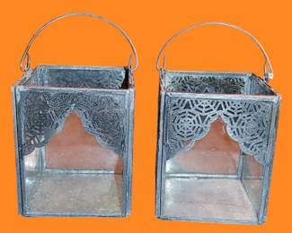 Vintage stainless steel spider web filigree design /candle holder lanterns /with four glass panels & galvanized bottoms with bale handles ( each have four little rubber knobs on the bottoms as not to scratch any surface) very unusual