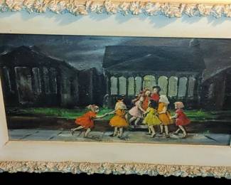 Oil on canvas painted by Marjorie Foster an Aunt of the family Marjorie worked for a greeting card company as an illustrator and also designed fabric.
This is the first time I've ever seen this painting today! 