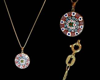 VINTAGE MILLEFIORI ART GLASS PENDANT on Gold over sterling Italian Box chain