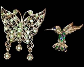 Butterfly and hummingbird brooches