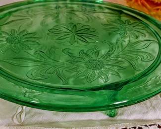 Jeannette Glass green depression glass-footed cake plate