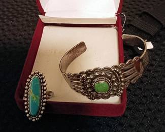 Beautiful antique sterling silver Native American turquoise bracelet and ring ( we have a large amount of beautiful antique jewelry that we are still going through so more pictures to post)