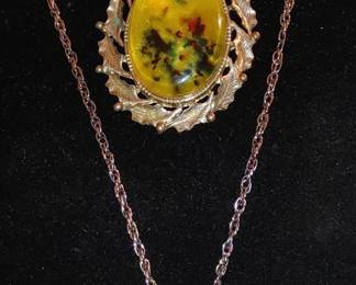 Hand painted cameo pendant and Botanical pendants in lucite