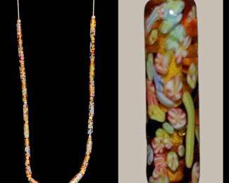 Vintage & very unusual Murano glass tube shaped beads on amber. Hand knotted with faux pearl accents. The design in the glass almost looks like individual pieces of candy!
We always get excited when we find authentic vintage jewelry ;it's so rare these days!
Very long necklace