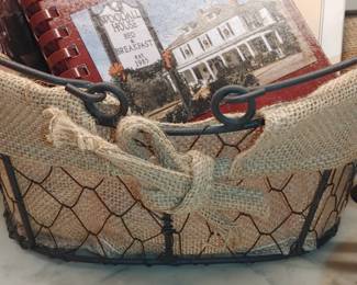 Metal to handle wrought iron basket with chicken wire and burlap