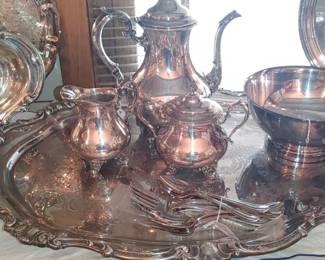 Vintage silver plate tray teapot sugar and creamer all priced separately
