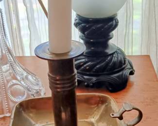 Antique brass candlestick chamber stick with adjustable candle Height