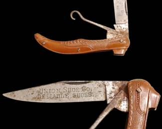 Very hard to find Union shoe company reliable shoes advertising Victorian ladies knife. With a little bit of light steel wool can be brought back to it's beauty. Most of these knives are not made by the union shoe company. Other similar knives do not have the hook for lacing shoes