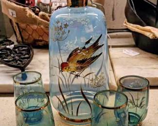 Advantage Bohemians decanter and four glasses featuring hand-painted Songbird ( hopefully we will locate the stopper) 