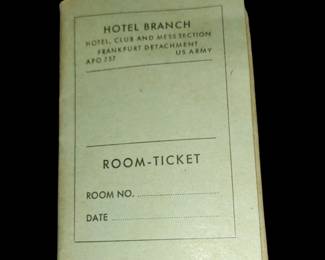 ROOM-TICKET" from the "HOTEL BRANCH, HOTEL, CLUB AND MESS SECTION, FRANKFURT DETACHMENT, US ARMY, APO 757." World War II era when the US Army maintained a significant presence in Germany. This ticket would have been used for assigning rooms to personnel or visitors within the military-operated hotel or club facilities. It includes spaces to fill in the "ROOM NO." and "DATE."
Great advertisements