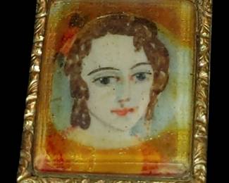 Antique Victorian hand painted miniature portrait under beveled glass framed