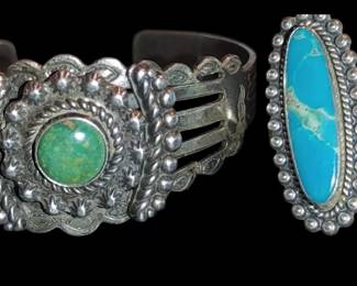 Antique Fred Harvey era turquoise and silver bracelet and beautiful sterling silver and turquoise vintage ring