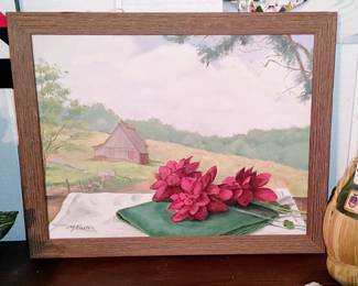 Charming vintage One of a Kind oil on canvas featuring old cabin and still life poinsettias
Artist: M Foster