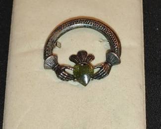 Vintage Claddagh Celtic Connemara Marble Heart Pin Brooch Irish Wedding
