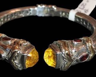 Samuel B Sterling Silver & 14K Gold Hinged Bangle Bracelet Citrine & Ruby Gemstones