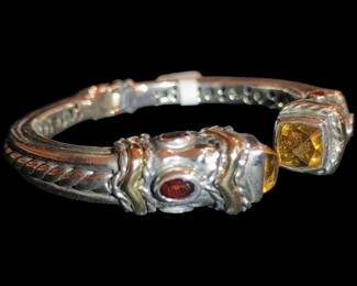 Samuel B Sterling Silver & 14K Gold Hinged Bangle Bracelet Citrine & Ruby Gemstones