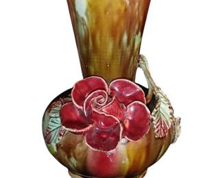 Antique Art Nouveau Barbotine Majolica Vase, French - Circa 1890 - With Applied Roses Decoration, Majolica Glazed 
6" Tall