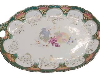 Hand painted Antique platter/shallow dish with open handles