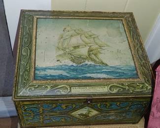 WONDERFUL VINTAGE TIN LITHO HINGED BOX FOR TRINKETS OR STORAGE, CANCO, US FRIGATE CONSTITUTION 1812 THEMED. Great condition
