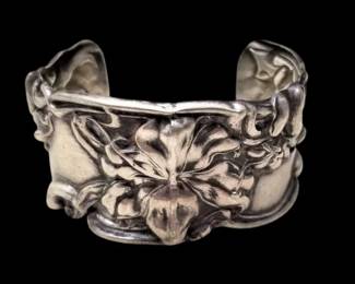 Antique Frank M. Whiting & Company Sterling Silver Art Nouveau wide cuff bracelet with gorgeous flower design. Fits up an 8 inch wrist, 1.25" wide.