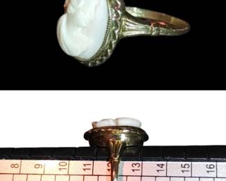 Antique Art Deco 10 KT Gold Hand Carved Shell Cameo Ring.  Beautiful Gold rope design around the cameo. This Cameo is exquisite and has a slight natural pink shell color. A little over 5.5  in ring  size. Can besides but is also beautiful as a pinky ring