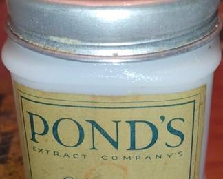 Vintage Pond’s Cold Cream Jar Embossed writing Milk Glass jar- very hard to find
Labels of both sides