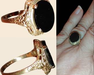 Exquisite Antique flat black onyx ring set in 10 KT  gold. Beautiful pearced open work design with intricate floral designs in relief.
SIZE 6 
Resizable can also be
 as a pinky Signet ring 
Available at the sale
Available at the sale
