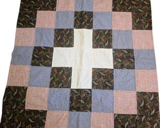 Machine Stitched Quilt Cross pattern pink & blue floral & paisley ( this could hang on the wall or be used as a blanket)