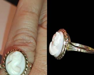 Antique Art Deco 10 KT Gold Hand Carved Shell Cameo Ring.  Beautiful Gold rope design around the cameo. This Cameo is exquisite and has a slight natural pink shell color. Available at the sale