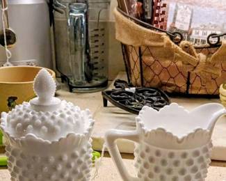 Fenton Milk Glass Hobnail Creamer And Sugar With Lid