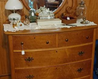 Birdseye Maple dresser with beveled Edge mirror beautiful carved accents