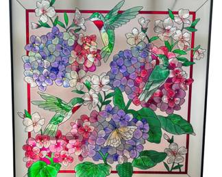 Art Glass Panel HummingbirdHydrangeas