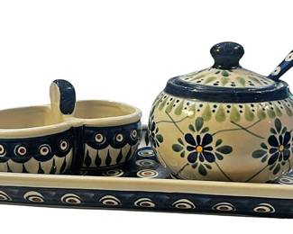 Polish Pottery Sugar Bowl wSpoon, Sugar