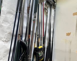 Selection of golf clubs - woods & irons, putters, 3 practice clubs
