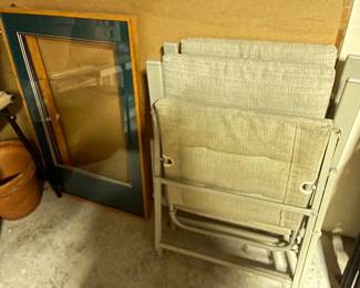 PAIR OF FRAMES, & PAIR OF FOLDING LAWN CHAIRS