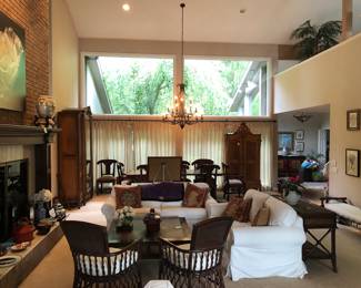 Pair of rattan chairs by Mitchell gold & bob Williams, white sofa & white loveseat by Mitchell Gold