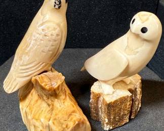 Two Inuit Carved Birds On A Perch Figurines