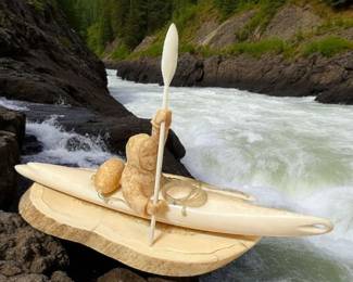 Artist Signed Carving Hunter In Boat