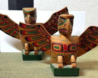 Two Eagle Wooden Totem Poles 