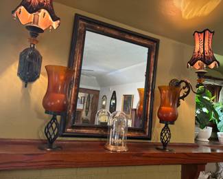 Pair of Lampshades, pair of metal/glass candle holders, mantel clock made in Germany, Large Mantel Mirror