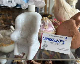 A wonderful old milk, glass chair, bottle for bitters or perfumes a and our wonderful business card if you need our services, we’re at your service