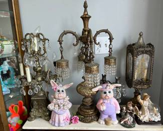 lovely, modern contemporary fancy chandelier centerpiece lighted with similar, standing sconces, handmade figures by the artist of the dollhouse museum