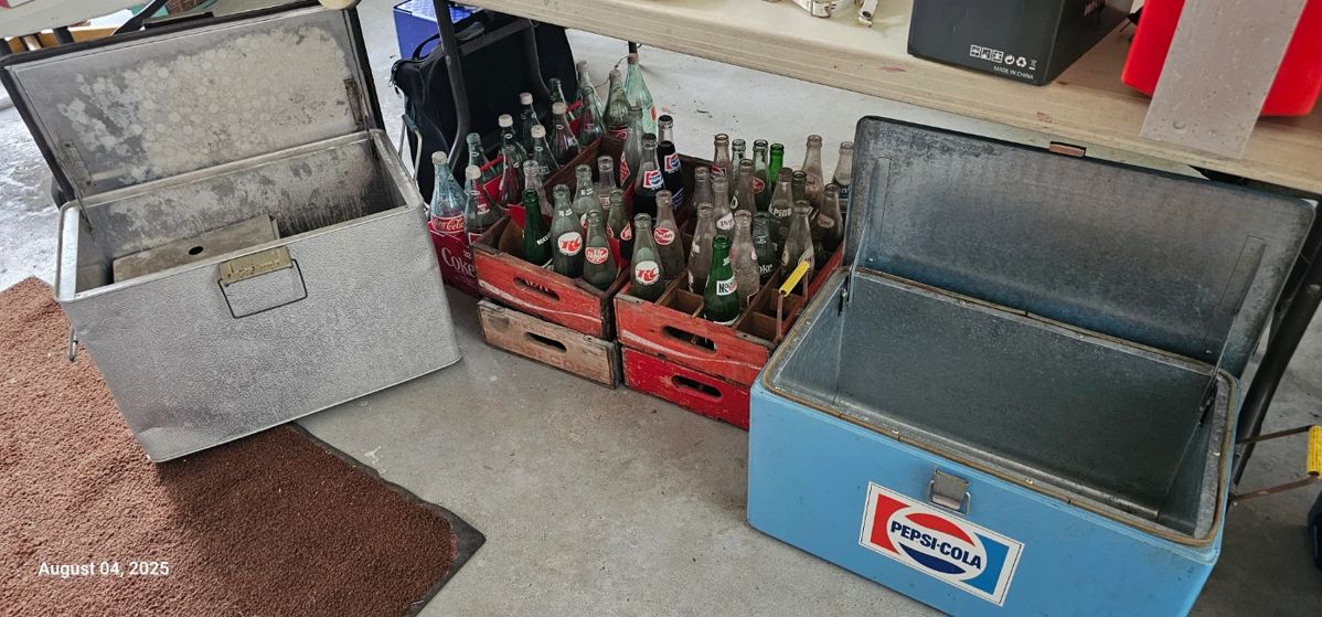 VTG hammered aluminum and VTG Pepsi cooler; VTG Coke bottles and wooden cases